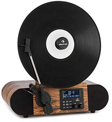 auna Verticalo SE - Reproductor de Vinilo, Tocadiscos con Altavoces estéreo, Tocadiscos de Vinilo con Bluetooth, Reproducción: 33, 45 y 78 RPM, USB, MP3, Entrada de línea, Sintonizador Dab+, Madera