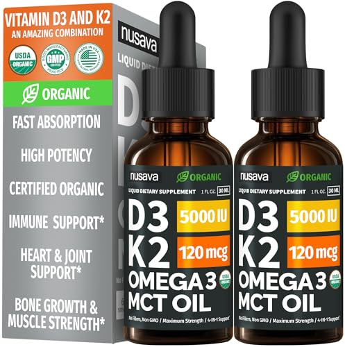 (2 Pack) Organic Vitamin D3 K2 Drops with MCT Oil & Omega 3 - Liquid Vitamin D3 5000 IU - K2 D3 Vitamin Supplement - Vitamin D Drops for Women & Men - No Fillers, Non-GMO, GMP, Unflavored (2 Fl Oz)