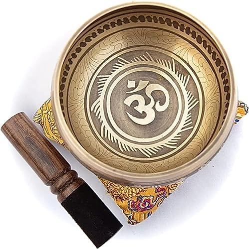 Himalayan Bazaar Ensemble de bols chantants tibétains faciles à jouer Motif Om pour méditation, son chakra, yoga, guérison 10,2 cm Doré et jaune