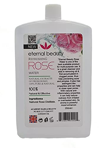 Rose Water – 100% Natural Extracts of Fresh Roses, Pure & Refreshing Facial Toner, Skin Hydration Mist, Suitable for Face, Hair & Body – 250ml by Eternal Beauty