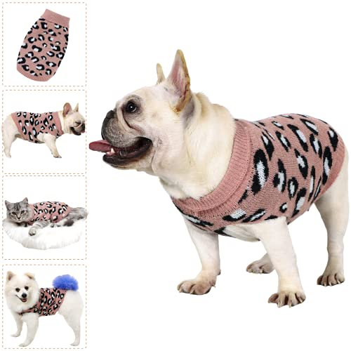 Hund Pullover für Katzen Klein Hunde Pullis Sweater Chihuahua Kleidung Bulldogge Hundepullover Keleine Mittel Grosse Katze Welpen Hundepulli Leopard Rosa S