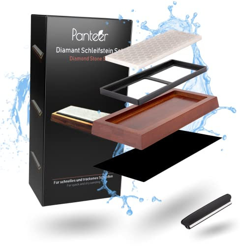 Panteer ® Diamant Schleifstein Set - Messer schärfen mit edler Holzbasis - Gratis Winkelhilfe (Diamant Schleifstein Set)