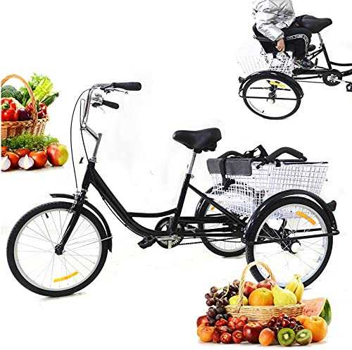 Futchoy Dreirad Für Erwachsene 20 Zoll Erwachsenendreirad mit Einkaufskorb und Kindersitz 1 Gang Schwarz 3 Rad Fahrrad Trike Bike Für Erwachsene und Senioren
