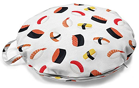 ABAKUHAUS Sushi Rundes Bodenkissen mit Griff, Leckere Brötchen und Nigiri Speisen, dekoratives Kissen für Wohnzimmer & Schlafsäle, 45 cm, Mehrfarbig