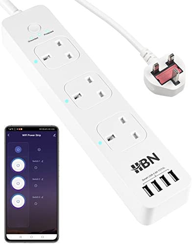 HBN Smart Wi-Fi Steckdosenleiste mit 3 Ausgängen, 4 USB-Ports, Sprachsteuerung, funktioniert mit Alexa und Google Home, mit 1,6 m Verlängerungskabel (13 A, 3250 W)