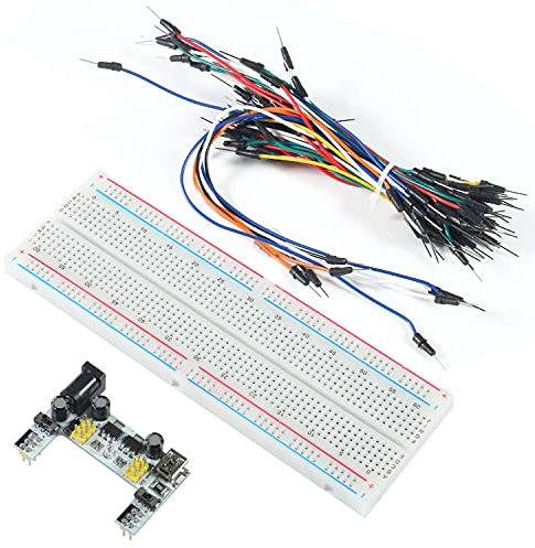 AOICRIE Breadboard Kit - 830 Breadboard, Netzteil Adapter 3,3V 5V, 65Stk Steckbrücken kompatibel mit ! (1)