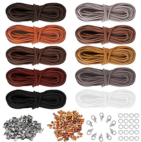 Tucireat Cordon en Cuir 10 Pièces Cordon Cuir pour Bracelet Cordon Collier Cordon pour Pendentif Cordon Cuir Cordon pour Bracelet 3mmx5m avec 100 Extrémités 100 Perles en Bois