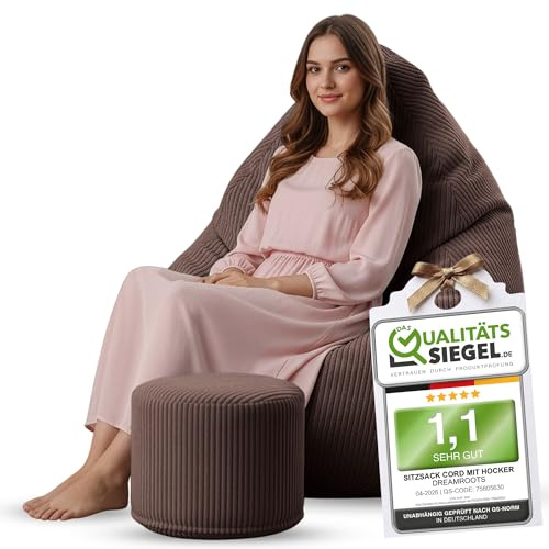 DreamRoots Sitzsack Erwachsene Cord 80x80x120 mit Hocker, Roasted Cocoa | Bean Bag Chair mit Hocker, Lehne & Bezug, mit Füllung, Sitzkissen Boden, für Teenager & Erwachsene