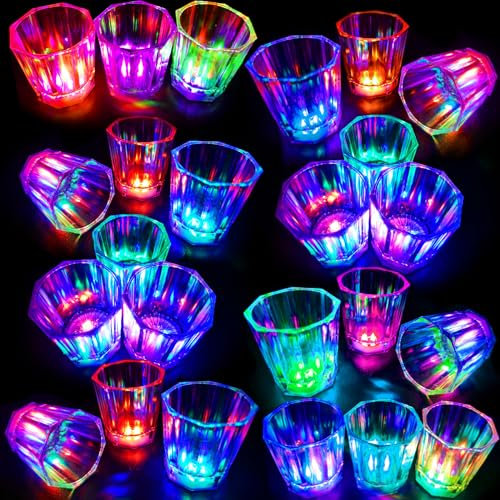 Lot de 24 verres à shot lumineux pour intérieur et extérieur - Brillent dans le noir - Pour anniversaire, fête néon, barbecue, plage, bar, Noël, etc