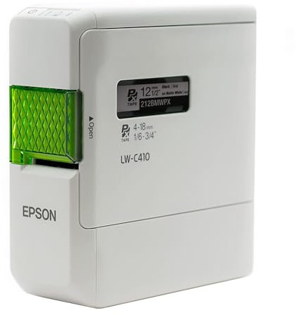 LABELWORKS Epson LW-C410PX Impresora portátil con Bluetooth para el hogar y la oficina, portátil y eficiente, crea etiquetas adhesivas para manualidades y organización, compatible con cinta de diseño,