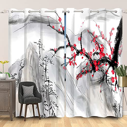 SDOTPMT 107x160cm Abstrakt Berg Rot Kirsche Blüte Fenstervorhang Japanisch Tuschemalerei vorhänge Orientalisch Traditionell Blickdichte Vorhänge für Wohnzimmer Verdunkelung Vorhänge, 2 Stücke