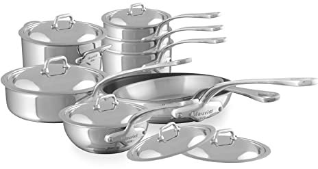 Mauviel M'Cook Batterie de Cuisine 14 Pièces Inox Poli 5 Couches Manche Fonte Inox - Fabrication Française