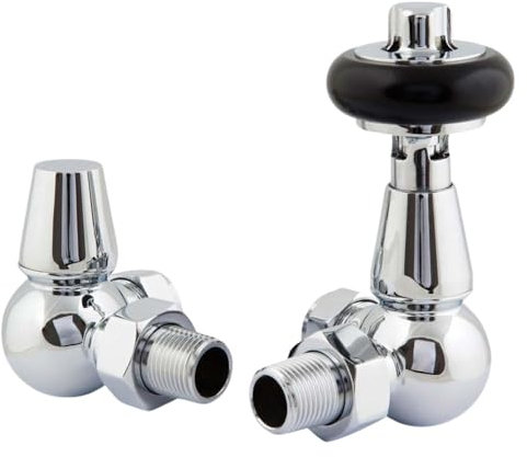Chrome Traditional Corner Radiator Valves Antique Radiator Valves 15mm x 1/2 for Heated Towel Rails & Central Heating Radiators Wood Head Brass Radiator Valve Set