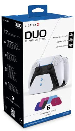 Base de Carga para 2 mandos PS5 dualsense con 6 Carcasas de Color Intercambiables Gioteck