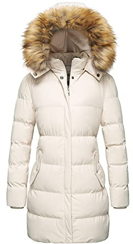 WenVen Piumino Donna Invernale con Ispessito Cappuccio Rimovibile in Pelliccia Bianco XL