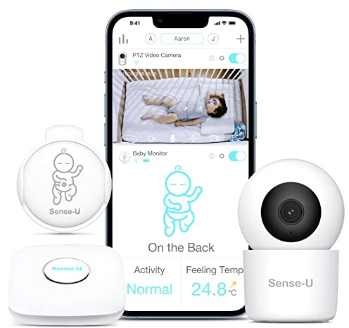 Sense-U Smart Baby Monitor 3+ Crystal Clear 2K Remote PTZ Camera, Tracking Your Baby Sleep Position, Rollover, Feeling Temperature Sensors | Night Vision, 2-Wege-Talk, Motion Detection & Free App