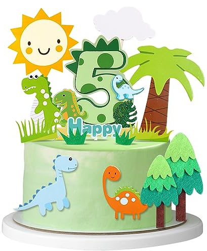 Guoguonb 5th Happy Birthday Dinosaurier Tortendeko 5 Jahre Grüner Dschungel Kuchendeko Thema Dinosaurier Cake Topper für Kinder Party Geburtstag Deko Muffin Backen Kuchenaufsätze