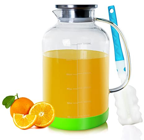 3 Liter Wasserkaraffe, KTQUICK 102OZ Glaskaraffe Große Volume,Wasserkrug mit Blütenblatt Edelstahldeckel Karaffen(Glaskanne)