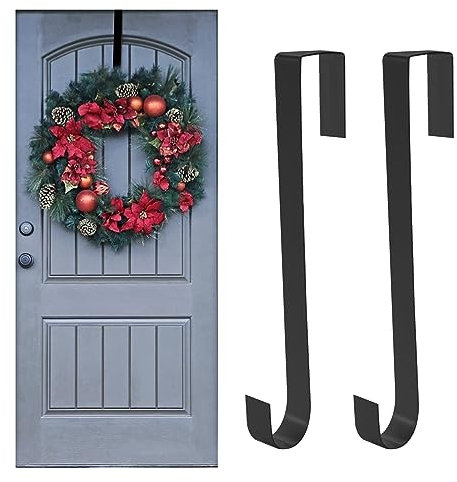 Jsdoin Christmas Wreath Door Hanger, 12.5 Inches Metal Front Door Wreath Hook for Christmas Home Office Wall Wedding Wreaths or Decorations (Black, 2 Pack)