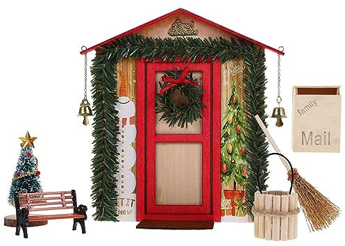 Toyvian 1 Satz Puppenhaus Weihnachtsdekoration Miniatur Weihnachten Wichteltür Mini Weihnachtsbaum Besen Gartenbank Holzeimer Mailbox Puppen Szene Modell für Puppenstuben Mikrolandschaft Rot