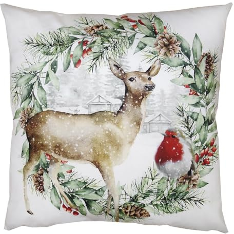 Clayre & Eef Kissenbezug 45x45 cm Grün Weiß Polyester Hirsch Dekokissenbezug