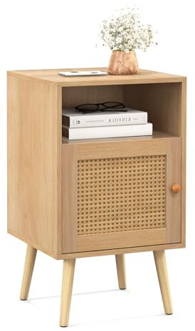 COSTWAY Bedside Table, Solid Wood Legs Nightstand End Sofa Side Table with Rattan Door and Storage Shelf, Bedside Cabinet Accent Tea Tables for Living Room Bedroom, 40x39x70cm (1, Natural)
