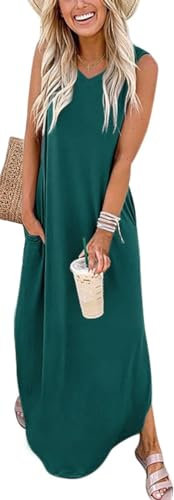 WNEEDU Robe Longue Femmes Robes d'éte Plage Robes sans Manches Col V Décontracté avec Poches Vert Foncé L