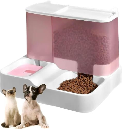 kathson All-in-One Automatic Cat Food and Water Dispenser Set Gravity Cat Feeder with Stainless Steel Bowl Large Capacity Self Feeding Dog Feeder and Waterer for Small Dogs Cats Pets(Pink)