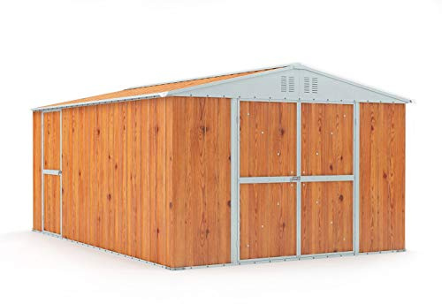 Box in Acciaio Zincato Casetta da Giardino in Lamiera 3.27 x 4.59 m x h2.17 m - 201 KG – 15,01 metri quadri (Finitura Legno)