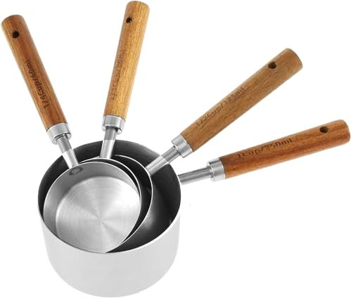 Charm & Casa Premium Stainless Steel Measuring Cups and Spoons Set, Nesting Measure Cups with Acacia Wood Handles, For Cooking and Baking (Silver), Custom
