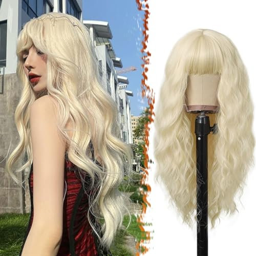BARSDAR Lange Platinblond Perücke mit Pony, 66cm Lange Gewellte Perücke mit Pony für Frauen Natürliches Aussehen Synthetische Haar Perücken Täglich Cosplay Party Halloween
