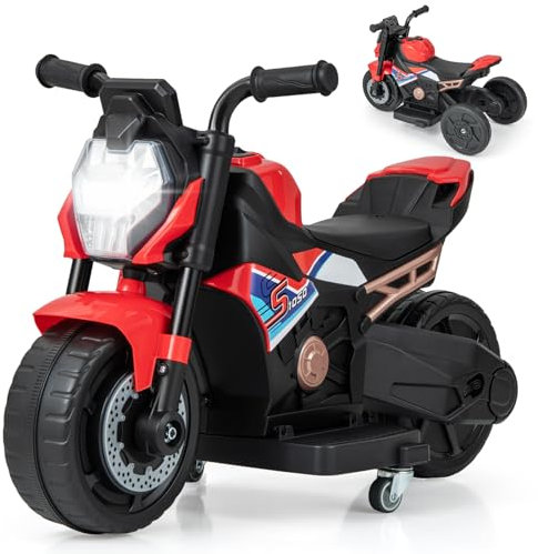 DREAMADE 6V Moto Électrique pour Enfants 18-36 Mois, Moto Rechargeable à 2 Roues/3 Roues avec Phare LED & Musique & Klaxon, Démarrage Doux, 74 x 38 x 48 cm, 2-3 km/h, Charge Max. 20 kg (Rouge)