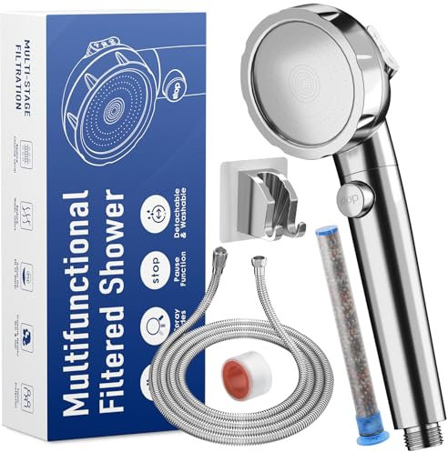 JONKEAN Wassersparender Duschkopf mit schlauch, 3 Strahlarten Duschbrause mit Kalkfilter, Hochdruck-Handduschkopf mit Ein-Aus-Schalter, Duschkopf mit Filter für Trockenes Haar & Haut (Chrom)