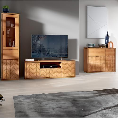 Lomadox Wohnzimmermöbel Set 3-teilig Vitrine Lowboard TV-Board Kommode Sideboard Wohnzimmerschrank modern in Eiche