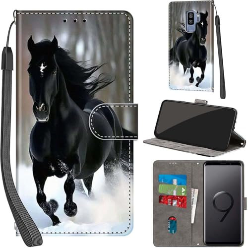 Handyhülle für Samsung Galaxy S9 Plus Hülle Premium Lederhülle Klappbar Wallet Magnet Kartenfach Standfunktion Schutzhülle kompatibel mit Samsung S9 Plus Hülle,Pferd