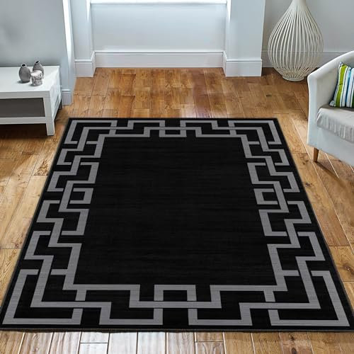 Imperial Rooms Rugs Living Room 120 x 170 Cm - Large Area Rugs for Bedroom Greek Key Style Modern Floor Carpet Non Shedding Super Soft Nico Black Rug Easy to Clean
