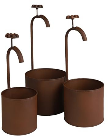 Spetebo Lot de 3 pots de fleurs en métal avec robinet - 17/14/12 cm - Cache-pot vintage aspect rouille avec robinet décoratif - Décoration de jardin - Petit pot de fleurs rétro