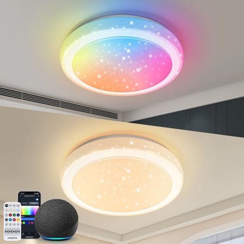 Aigostar Mesh- Plafon LED Techo Bluetooth Mesh, 24W, 2650LM, 3000K-6500K y RGB regulable, IP44, Plafón LED Inteligente Compatible con Alexa, Lampara Techo para Salón/Dormitorio/Cocina, Φ39CM, 2Uds
