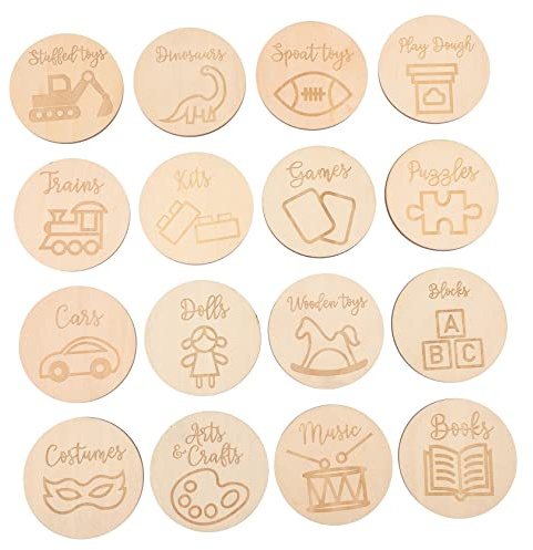 TOYANDONA 32pcs Wooden Toy Storage Tags Round Labels for Boys and Girls Boxes Toy Organization Nursery Decor