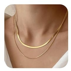 Halora Kette Gold Damen Choker Goldene Kette Frauen 14k Gold Plated Herringbone Chain Necklace Layered Choker Necklace for Women (2pcs chain necklace gold)