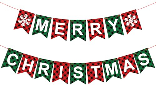 Banner mit Aufschrift Merry Christmas, rot-grünes Büffelkaro, rustikale Schneeflocke und Buchstaben-Wimpelkette, lustige Wanddekoration, Weihnachtsdekorationen für Zuhause, Büro und Weihnachtsfeier