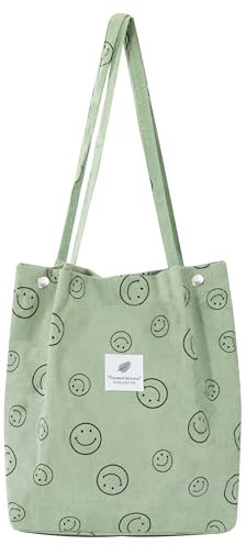 Heveer Cord Umhängetasche Damen Handtasche Mode Cord Tasche Shopper Tote Bag für Alltag Büro Schulausflug Einkauf Reisen Grün Smiley