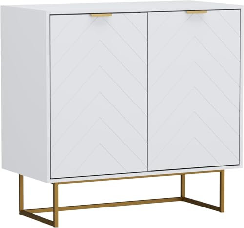 UEV Low Sideboard with 2 Doors, Storage Cabinet with 3-Position Adjustable Shelf, Support 65kg, Gold Metal Handle and Legs, for Living Room, Bedroom, Studio, 80 x 40 x 77.5 cm (White)