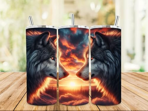 Wölfe Tumbler, Doppelwandiger Edelstahl-Thermo Becher,20oz, kalte und warme Getränke,mit Trinkhalm