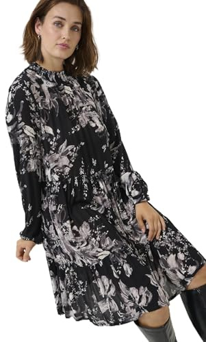 KAFFE Kleid KArikka Damen Kleid Langarm Print Falten Faltenkleid Midikleid 44, Black/White Painted Flower