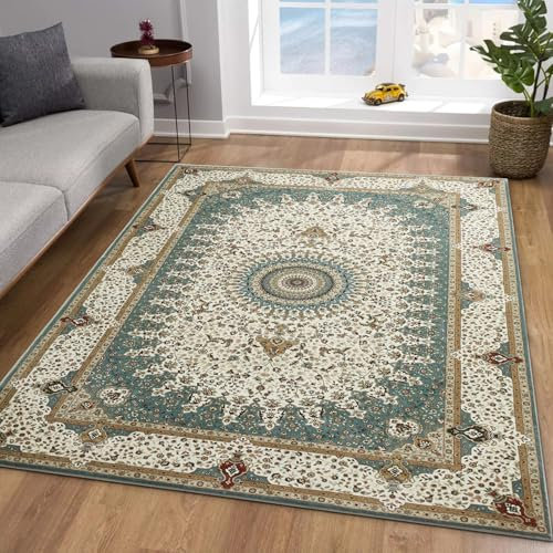 MOONLIGHT20015 Washable Small Bedside Rug 40x60cm - Soft Short Pile Teal Area Rugs For Bedroom Entrway Non Slip Floor Carpet Traditional Vintage Cashmere Door Mat For Kitchen Bathroom, Willow