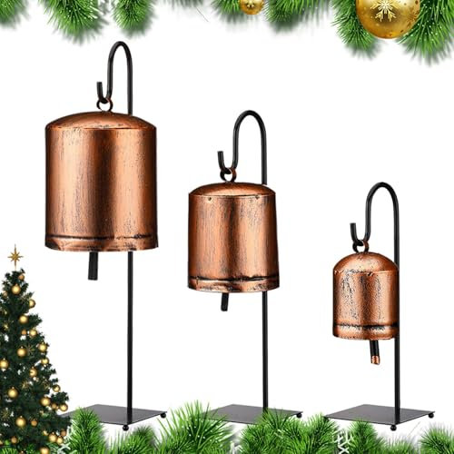 Kuhglocken aus Metall, rustikale Kuhglocken mit Metallständer, 3 x hängende Weihnachtskuhglocken für Wohnzimmer, Urlaubsdekoration