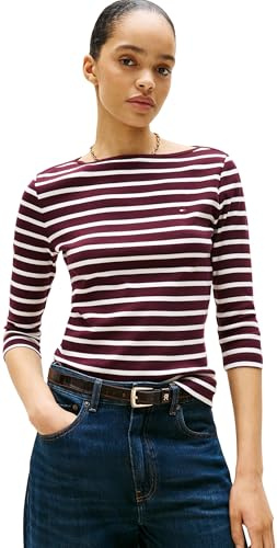 Tommy Hilfiger Damen Langarmshirt New Cody Slim U-Boot-Ausschnitt, Mehrfarbig (Deep Burgundy/Ecru STP), S