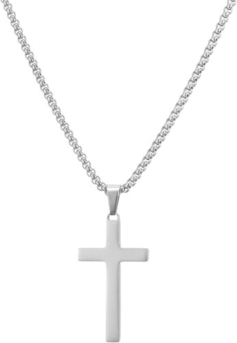RWQIAN Kreuz Kette Herren 60cm Kreuzkette Silber Herren Edelstahl Kreuz Halskette Christian Schmuck für Männer 24