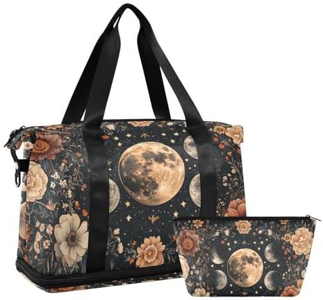 Mond Schwarz Blumen Boho Gothic Reisetasche Turnbeutel Wochenendtasche mit Kosmetiktasche für Multifunktionstraining, Mond Schwarze Blumen Boho Gotisch, 1 Size